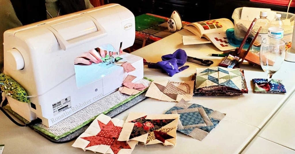 Chain piecing at quilt retreat | Rona the Ribbiter
