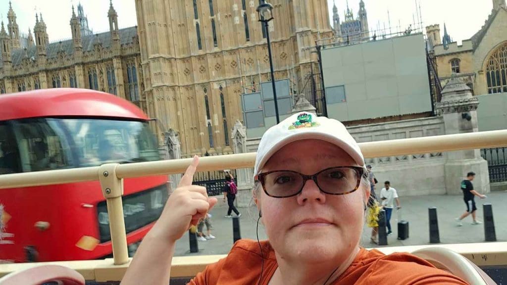 Rona the Ribbiter riding the Big Bus tour in London